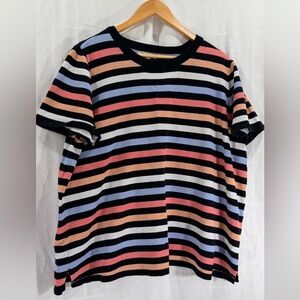 Woman Within Black Multi-Striped Crew Neck Top